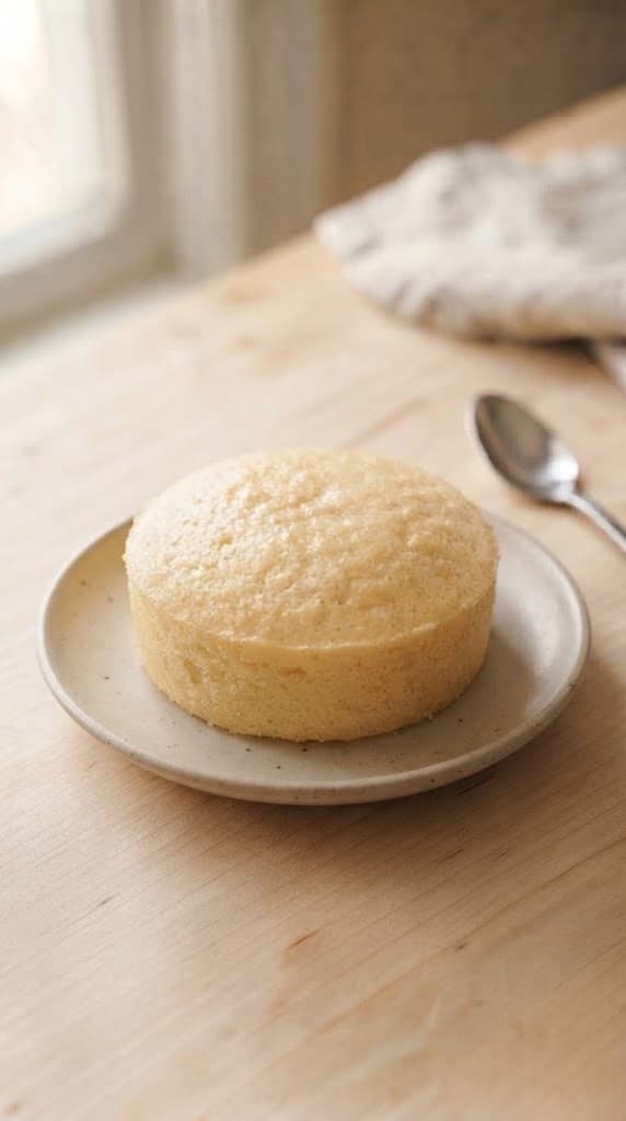 Cooled small eggless vanilla cake removed from the baking dish and placed on a neutral ceramic plate