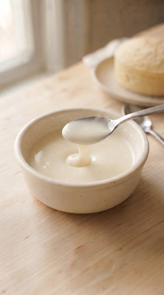 Thick smooth powdered sugar and milk glaze prepared in a small ceramic bowl for one vanilla cake