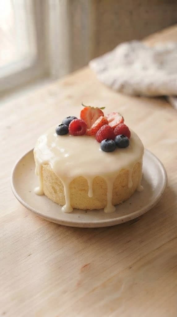 Finished eggless vanilla cake for one topped with a simple white glaze and fresh strawberries, raspberries, and blueberries