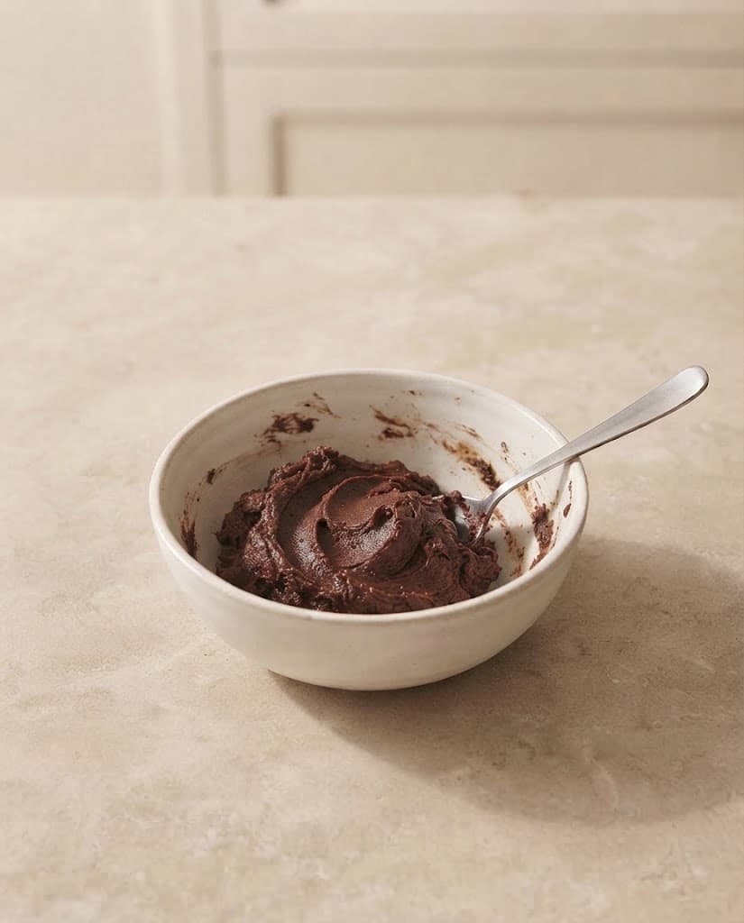 Soft deep cocoa double chocolate cookie dough after flour, cocoa powder, baking soda, and salt have been mixed in