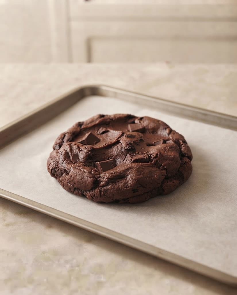 One thick raw double chocolate cookie with dark chocolate pieces shaped on parchment paper