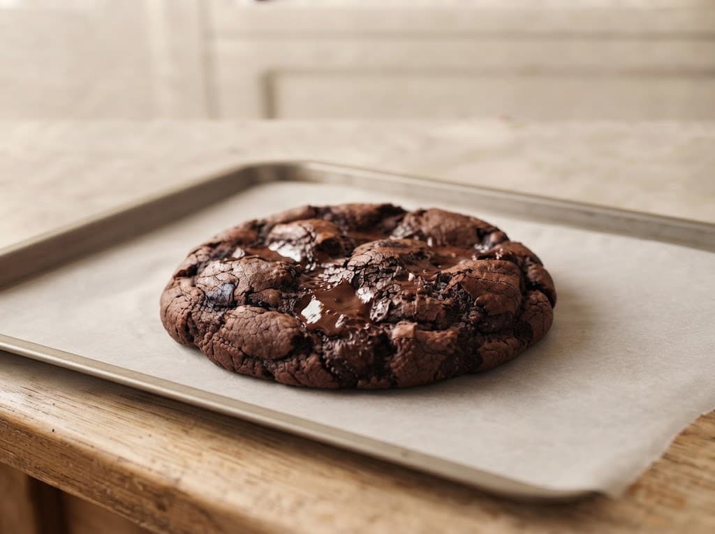 Freshly baked double chocolate cookie with a rugged cracked surface, soft fudgy center, and glossy melted chocolate pockets on a parchment-lined baking tray