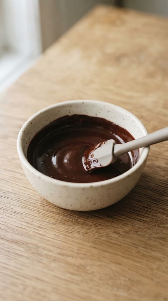 Melted butter and dark chocolate stirred into a smooth glossy mixture in a small cream ceramic bowl