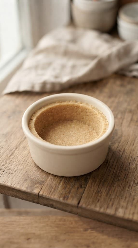 Thin buttery biscuit crust with delicate side walls pressed into a small cheesecake mould and lightly pre-baked