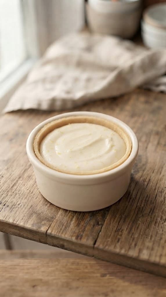 Raw creamy lemon cheesecake filling poured into a thin pre-baked biscuit crust with delicate biscuit side walls