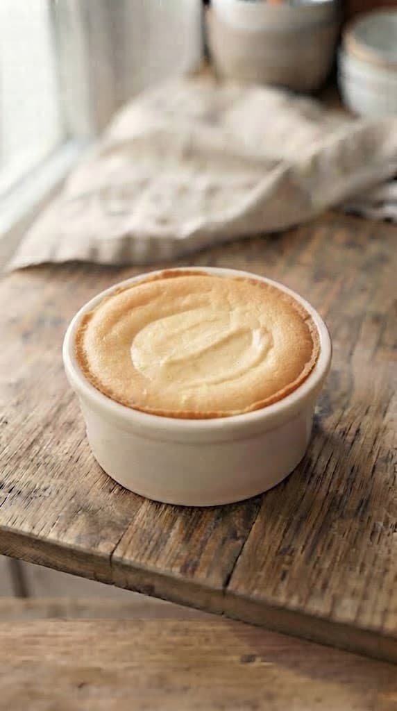 Freshly baked single-serving lemon cheesecake with a smooth creamy center, lightly set edges, and a thin golden biscuit crust