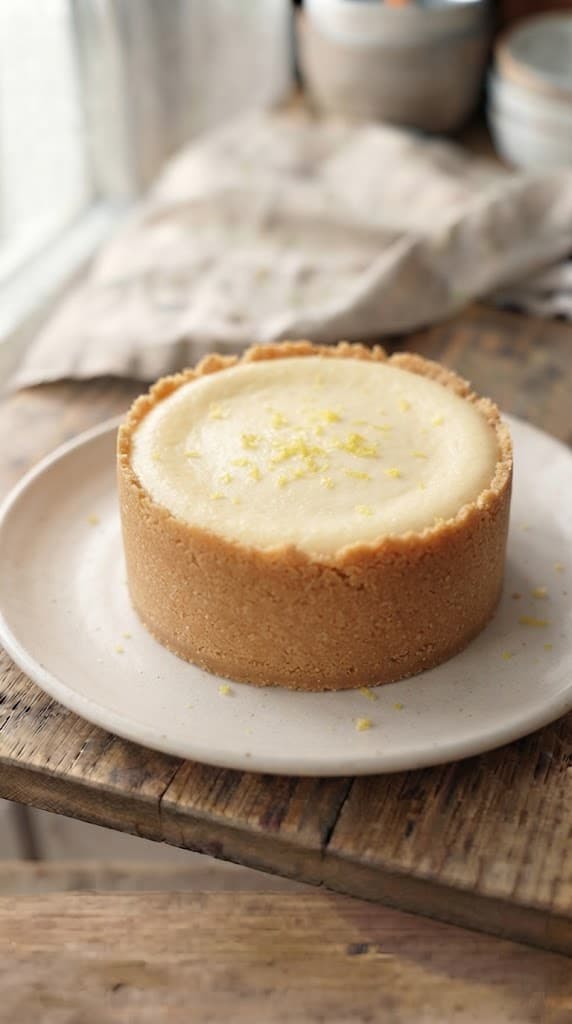Finished chilled lemon cheesecake for one with thin biscuit side walls and a small amount of finely grated fresh lemon zest