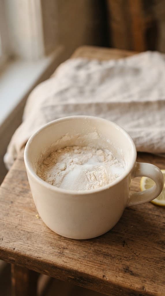 Dry ingredients for one lemon mug cake mixed together in a small microwave-safe ceramic mug