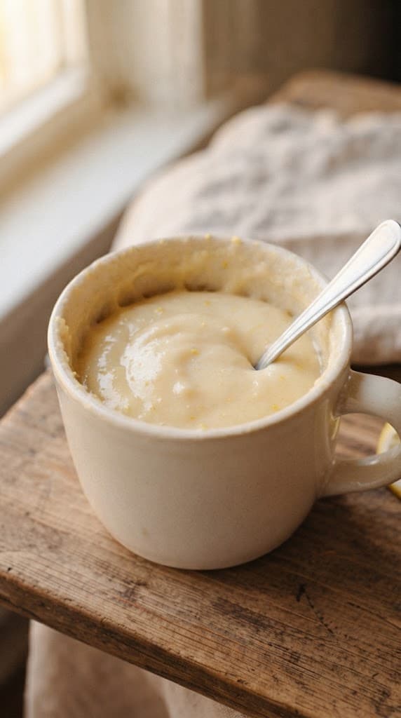 Smooth pale lemon mug cake batter mixed directly in a small ceramic mug before microwaving