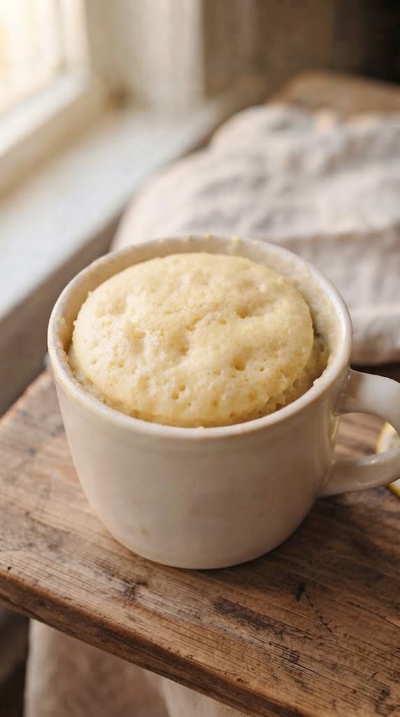 Freshly microwaved lemon mug cake risen inside a small ceramic mug with a soft pale golden top