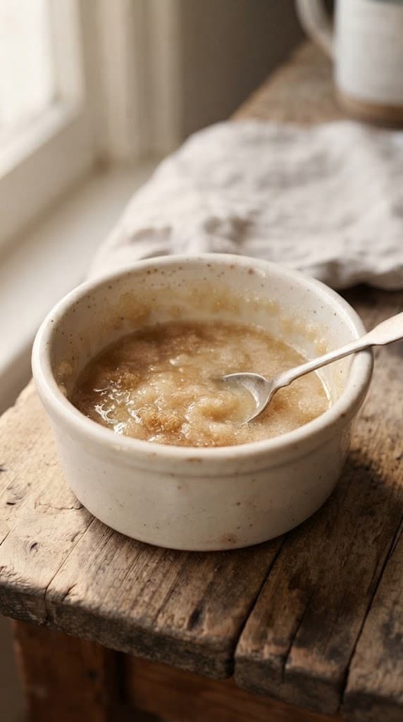 Melted butter, granulated sugar, brown sugar, milk, and vanilla stirred together in a small cream ceramic ramekin