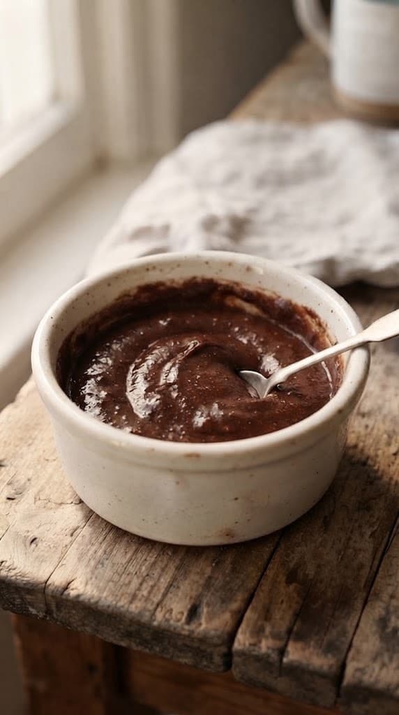 Smooth chocolate brownie batter after flour, cocoa powder, baking powder, and salt have been stirred into the wet ingredients