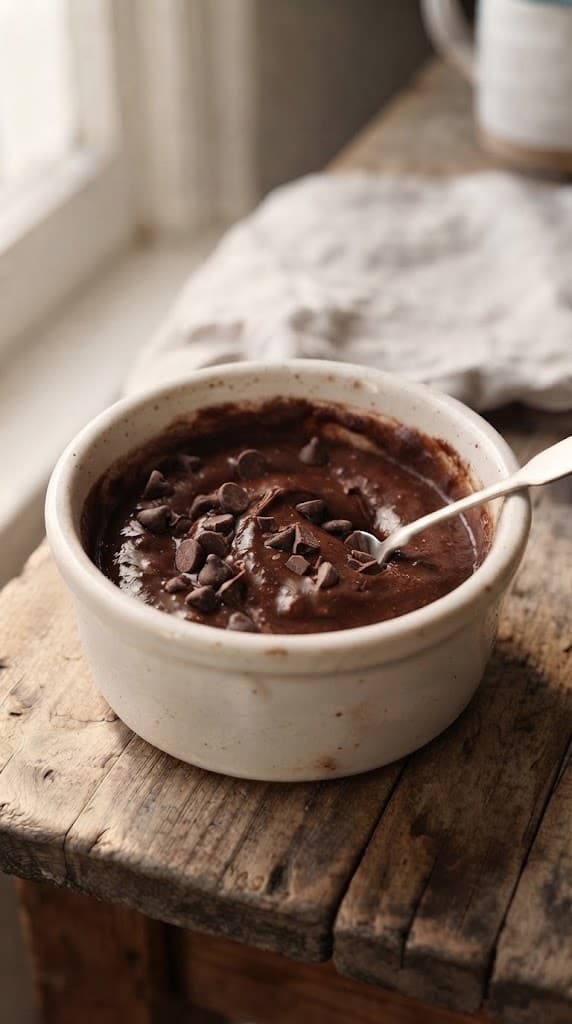 Rich microwave brownie batter with chocolate chips or chopped chocolate folded throughout in a small ceramic ramekin