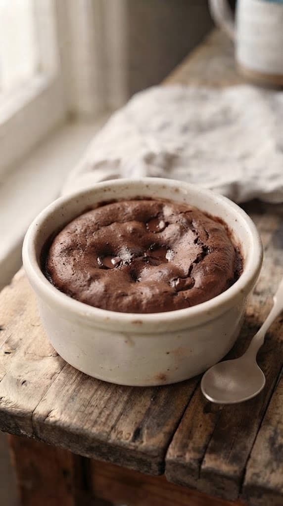 Freshly cooked single-serving microwave brownie with a mostly set top, soft fudgy center, and melted chocolate pieces in a cream ceramic ramekin