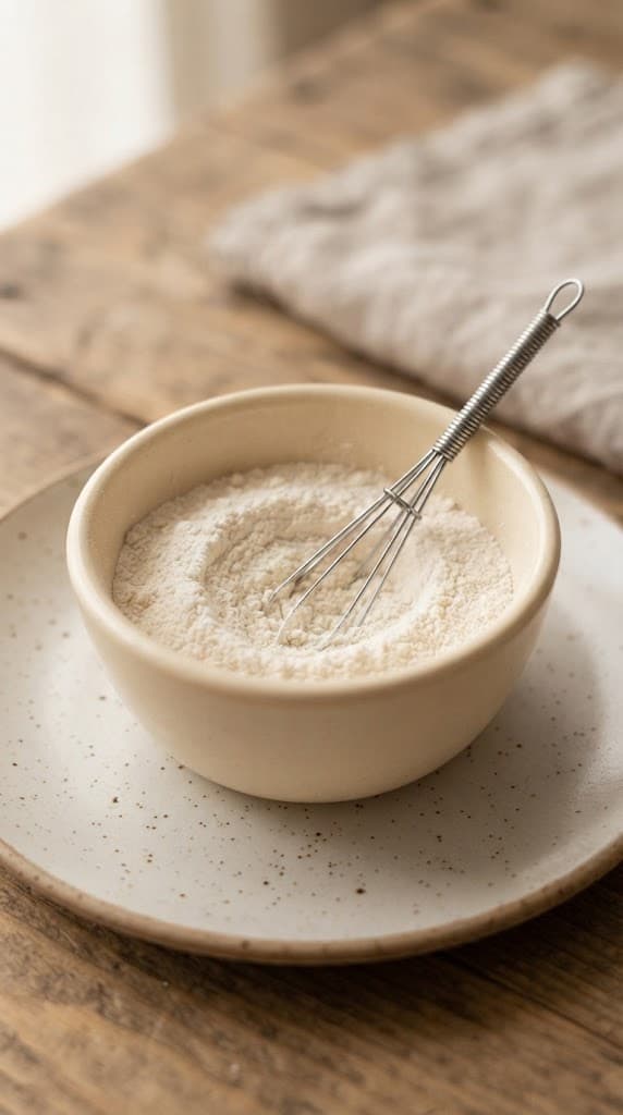 Flour, granulated sugar, baking powder, and salt whisked together in a small cream ceramic bowl for one mini birthday cake