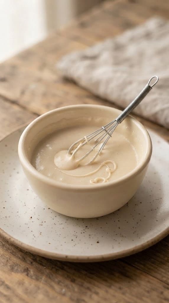 Smooth pale vanilla birthday cake batter after egg yolk, milk, melted butter, and vanilla extract have been stirred into the dry ingredients