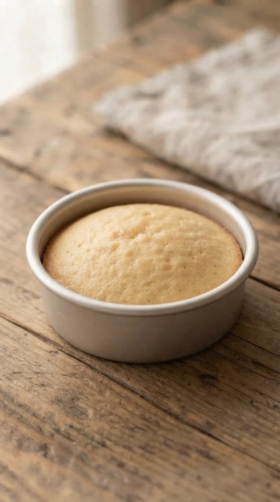 Freshly baked single-serving vanilla birthday cake with a lightly golden top in a small round metal cake pan
