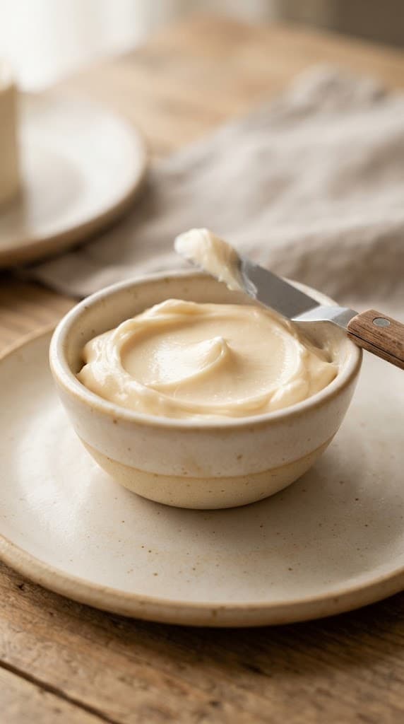 Small batch of smooth creamy vanilla butter frosting in a warm cream ceramic bowl