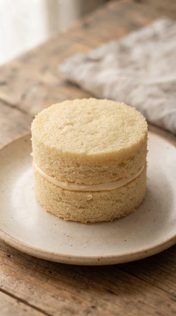 Mini vanilla birthday cake sliced into two round layers with a thin layer of vanilla frosting between them