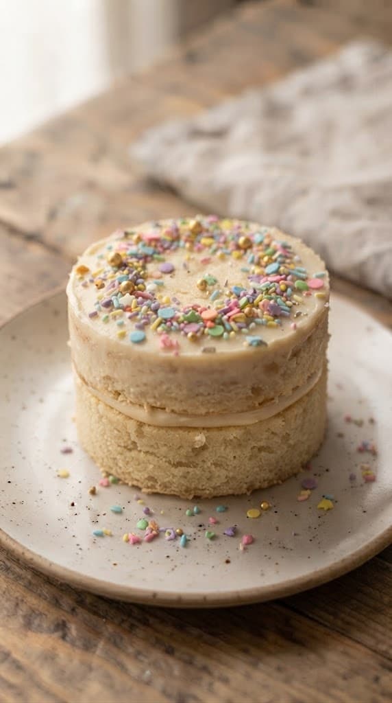 Finished two-layer mini birthday cake for one with vanilla frosting and a cheerful pastel sprinkle finish