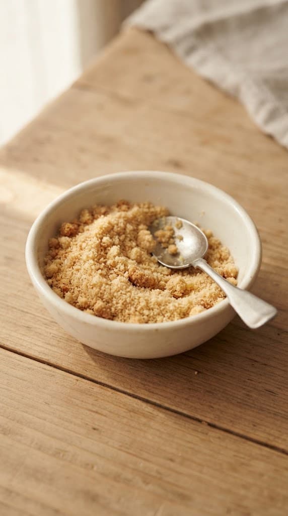 Finely crushed digestive biscuit crumbs mixed with melted butter in a small cream ceramic bowl for one no-bake cheesecake