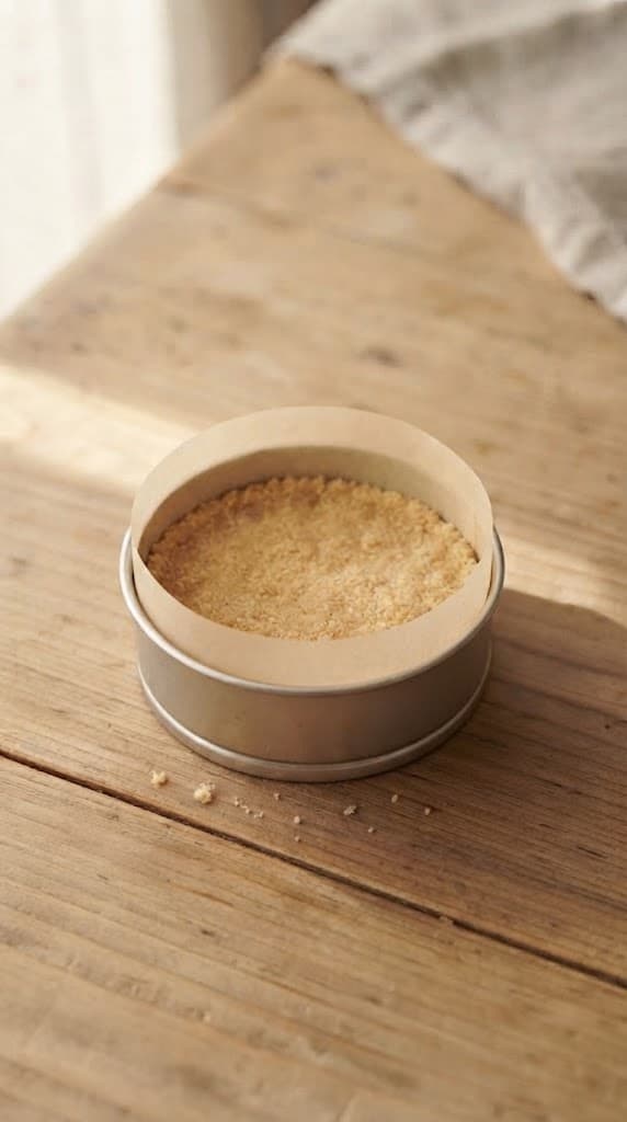 Buttery biscuit crumbs pressed firmly into the bottom of a small round cheesecake mould