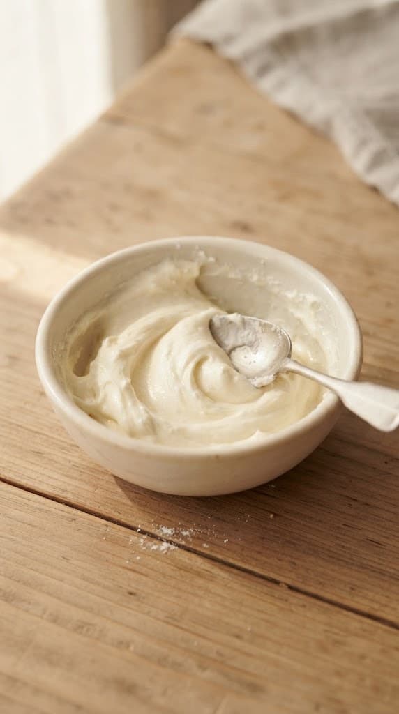 Softened cream cheese, powdered sugar, and vanilla mixed into a smooth creamy base in a small bowl