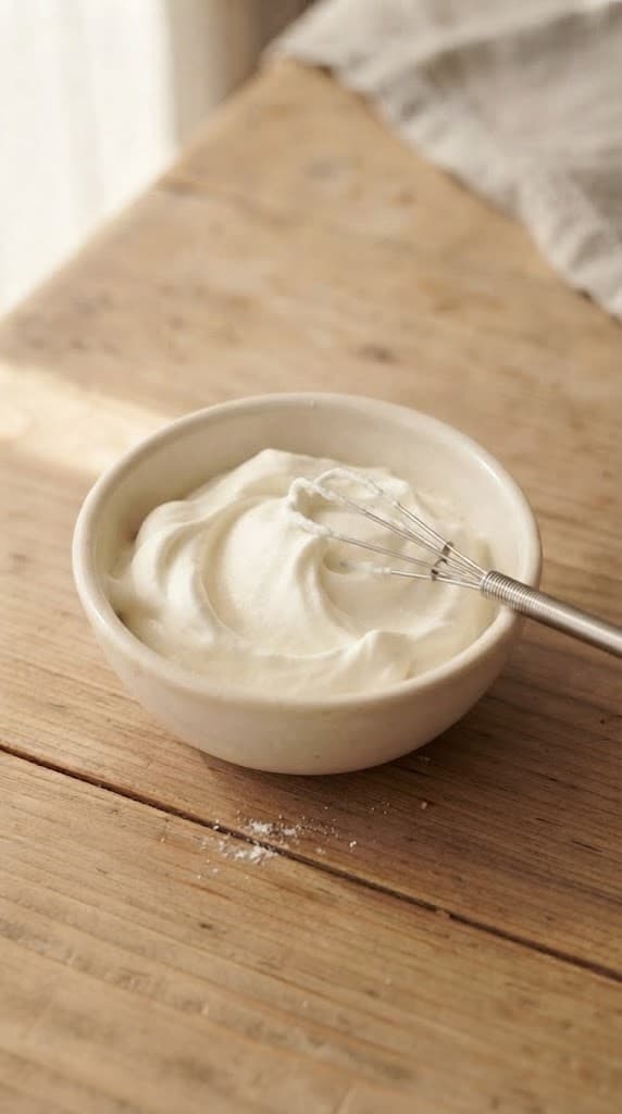 Cold heavy whipping cream whipped to soft medium peaks in a small cream ceramic bowl