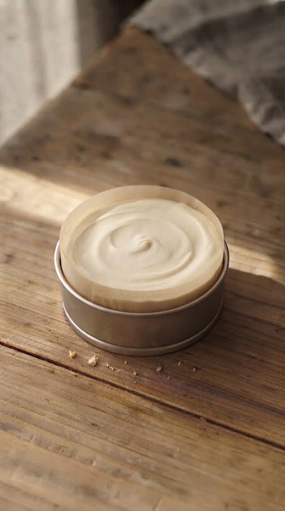 Smooth vanilla cheesecake filling spread over a chilled biscuit crust inside a small round cheesecake mould