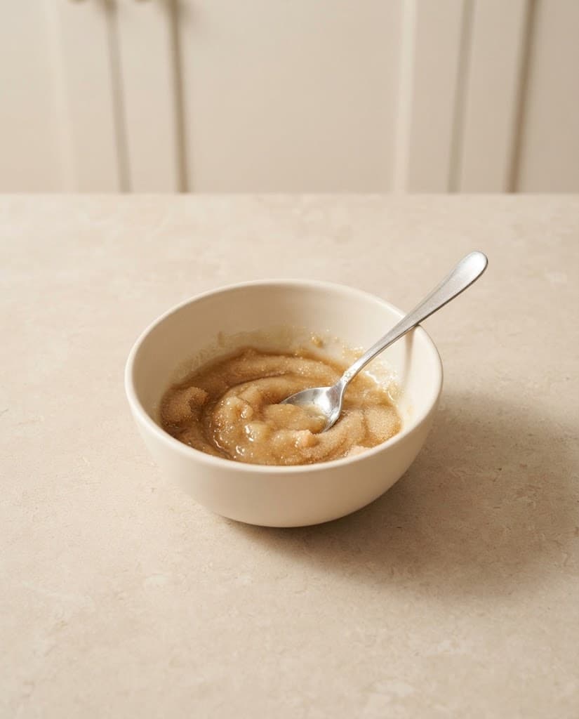 Melted butter, brown sugar, and granulated sugar mixed together in a small cream ceramic bowl
