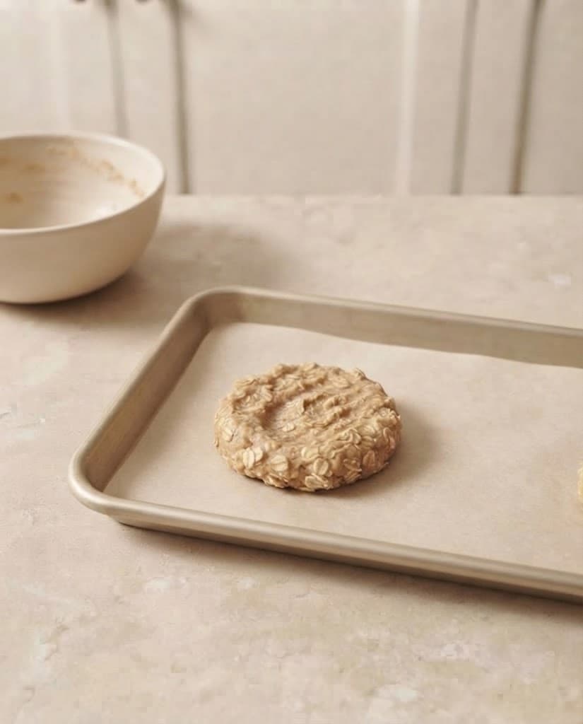 One thick raw oatmeal cookie with visible rolled oats shaped on parchment paper