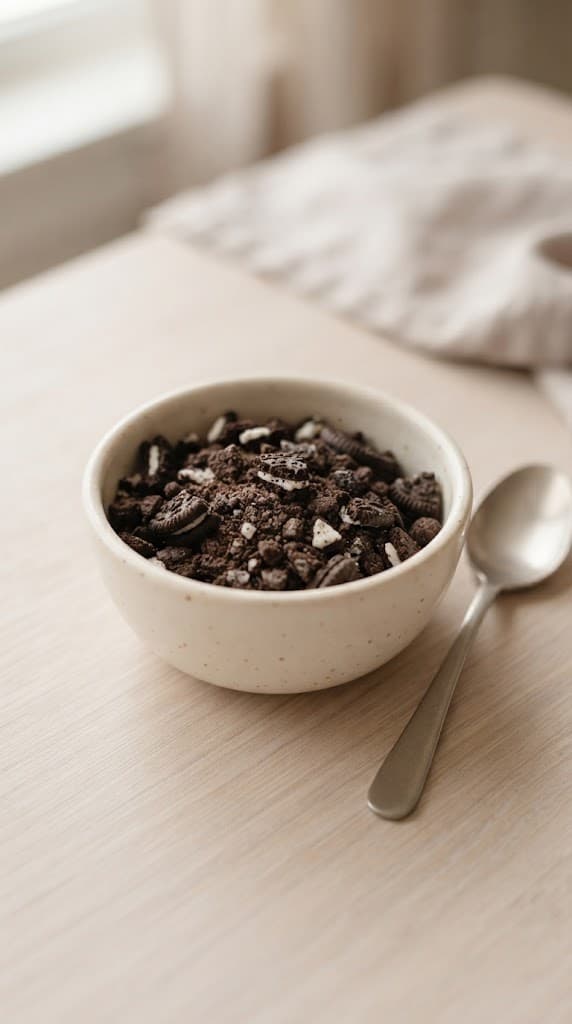 Three chocolate sandwich cookies roughly crushed into fine crumbs and small pieces for one cookies-and-cream dessert