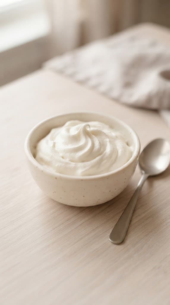 Cold heavy whipping cream whipped to soft peaks in a small ceramic bowl