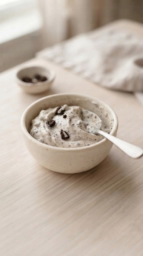 Pale cookies-and-cream filling with crushed chocolate sandwich cookie crumbs and small pieces gently folded through