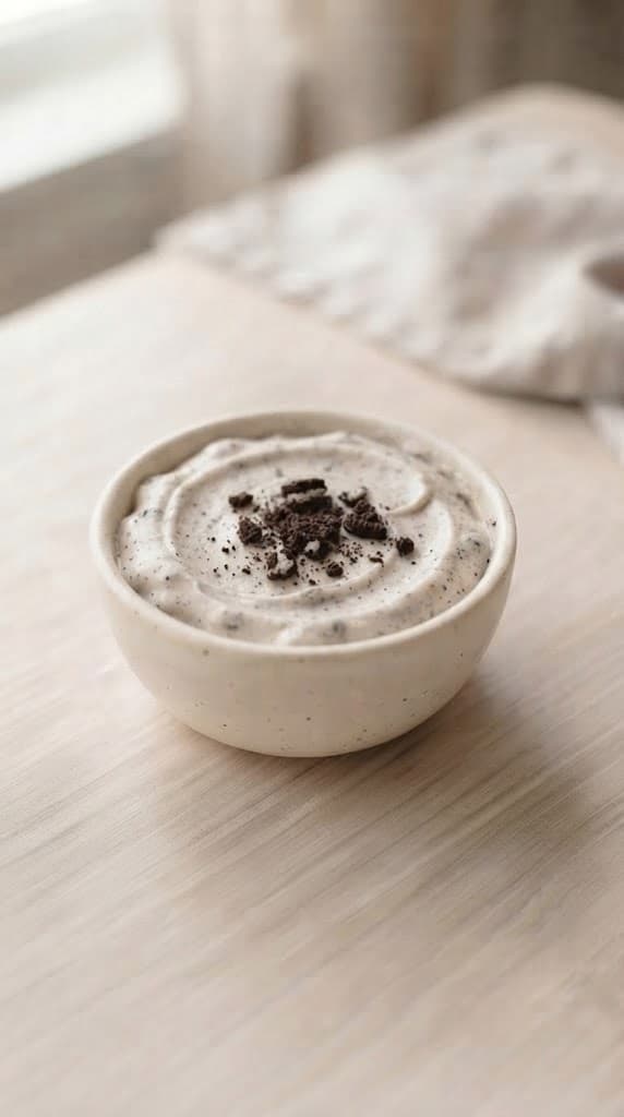 Finished chilled cookies-and-cream dessert for one topped with a small amount of crushed chocolate sandwich cookie crumbs