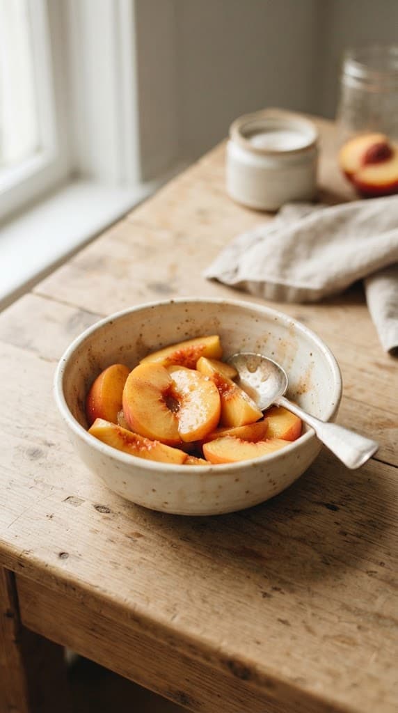 Fresh sliced peaches gently coated with sugar, lemon juice, cinnamon, cornstarch, and salt for one peach cobbler