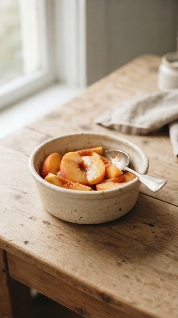 Prepared raw peach filling spread evenly in a small ceramic ramekin for a single-serving peach cobbler