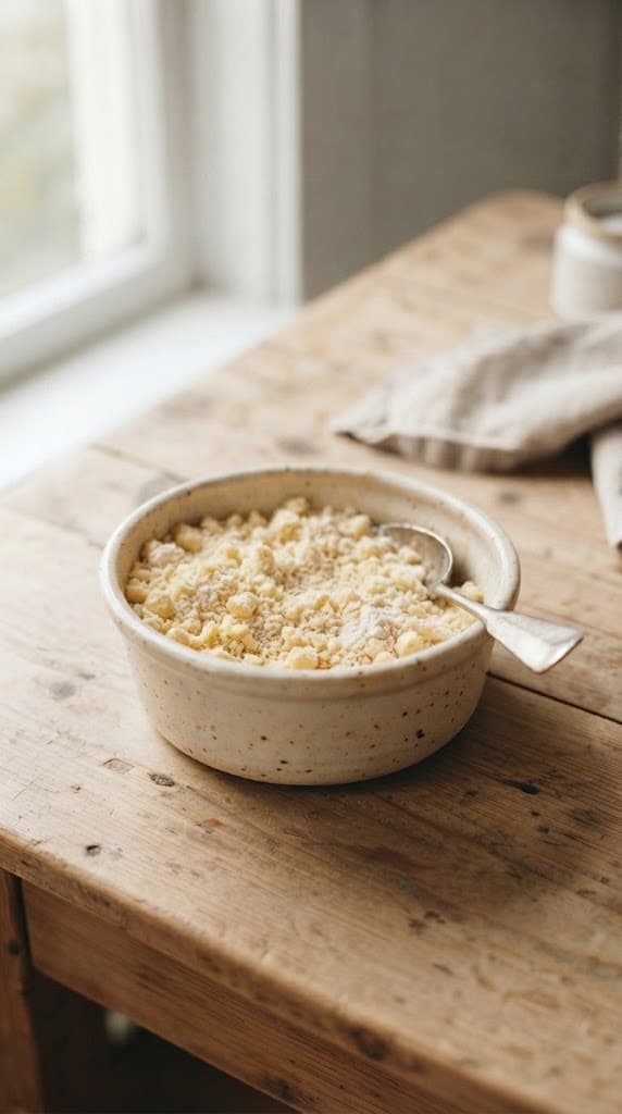 Cold butter rubbed into the flour mixture until small buttery crumbs form for the peach cobbler topping