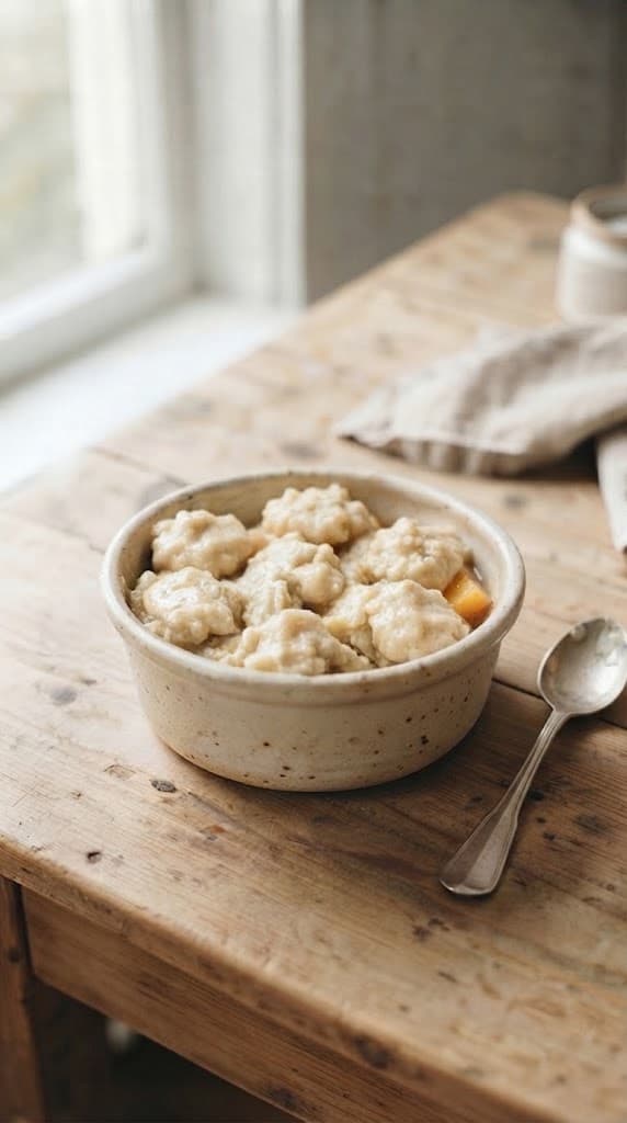 Raw peach cobbler with small spoonfuls of soft biscuit topping placed over the peaches with visible fruit gaps