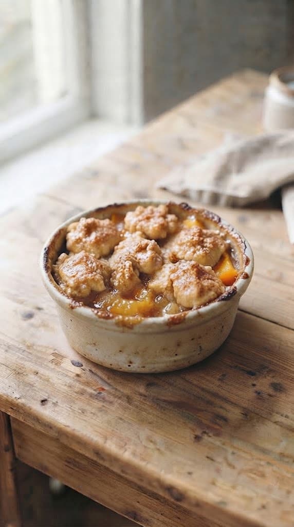 Freshly baked peach cobbler for one with lightly golden biscuit topping and juicy baked peaches visible between the gaps
