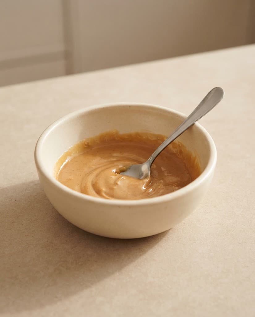 Peanut butter and melted butter being mixed together in a small cream ceramic bowl