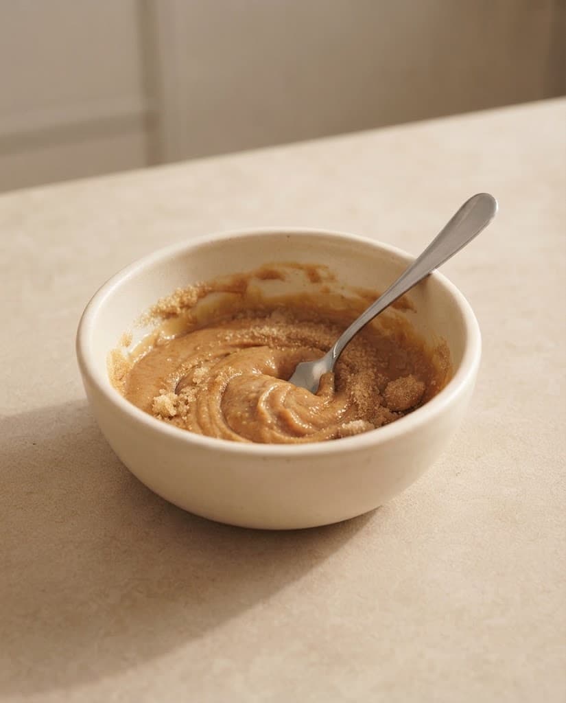 Peanut butter mixture after brown sugar and granulated sugar have been stirred in