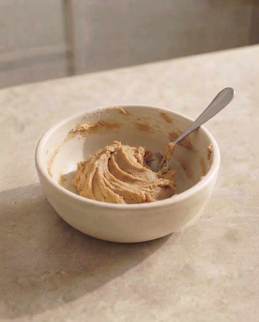 Soft peanut butter cookie dough after flour, baking soda, and salt have been mixed in