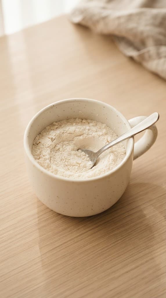 Flour, granulated sugar, baking powder, and salt mixed together in a warm cream ceramic mug for one peanut butter mug cake