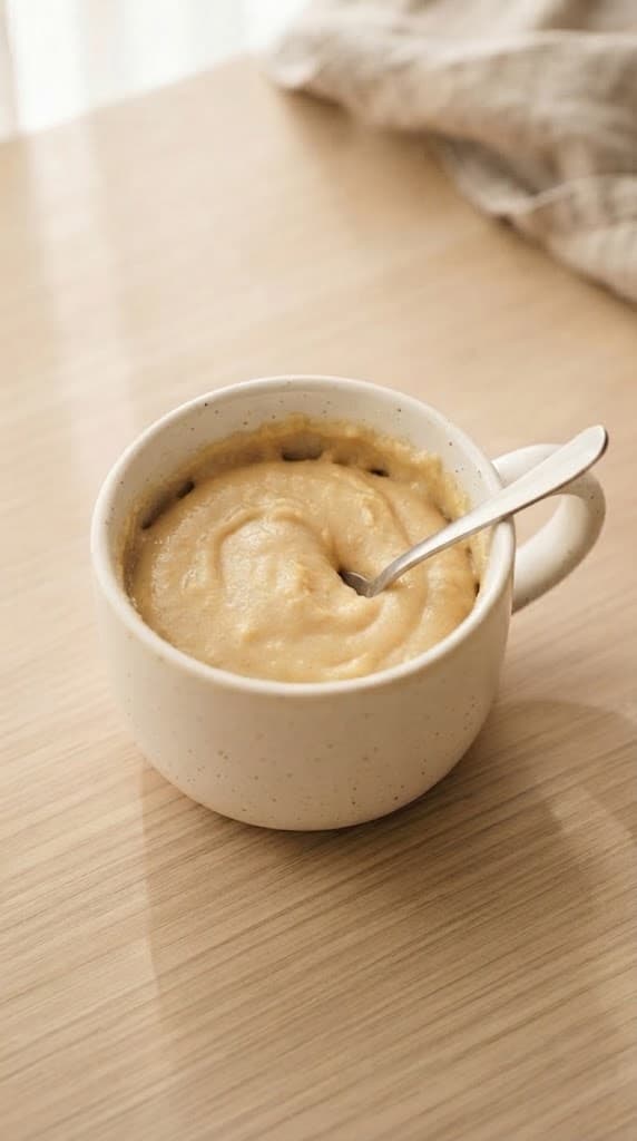 Smooth peanut butter mug cake batter after creamy peanut butter, milk, melted butter, and vanilla have been stirred into the dry ingredients