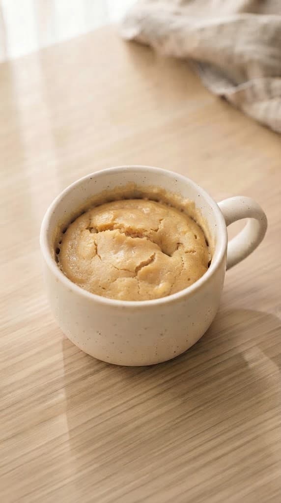 Freshly microwaved peanut butter mug cake with a warm golden tan color, softly risen top, and moist tender crumb in a cream ceramic mug