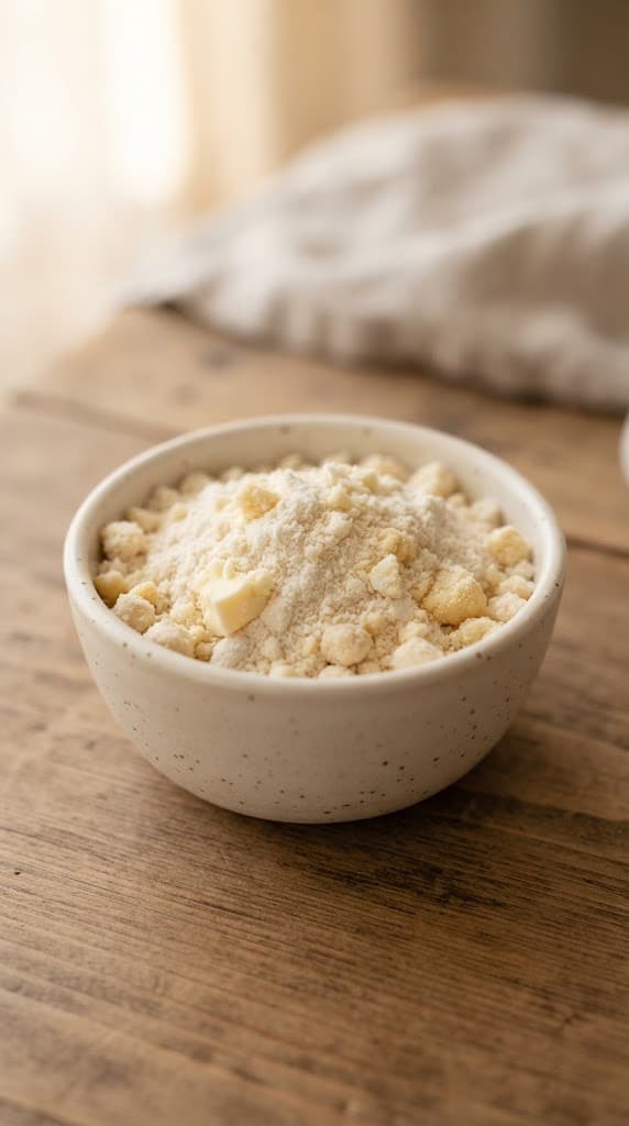 Cold butter rubbed into the flour mixture until coarse crumbs form for one strawberry shortcake biscuit