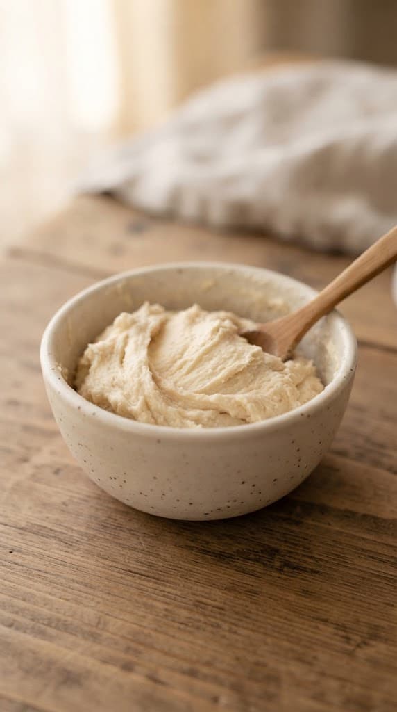 Soft slightly shaggy shortcake dough after milk and vanilla have been gently mixed into the flour and butter mixture