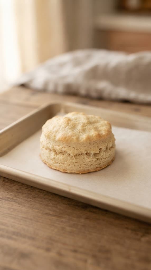 One thick round strawberry shortcake biscuit baked until lightly golden on a parchment-lined baking tray
