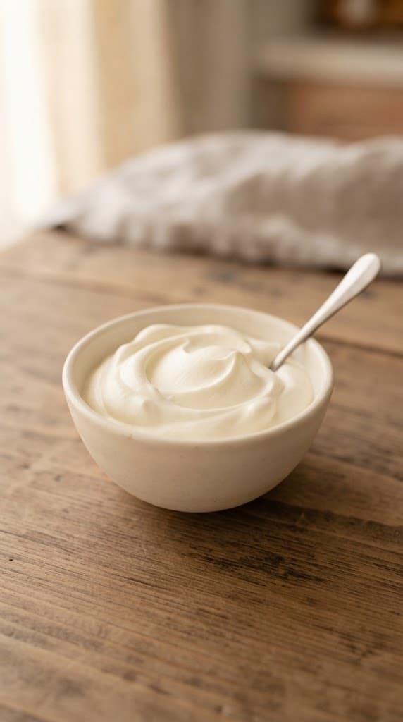 Cold heavy whipping cream with powdered sugar and vanilla whipped to soft peaks in a small ceramic bowl